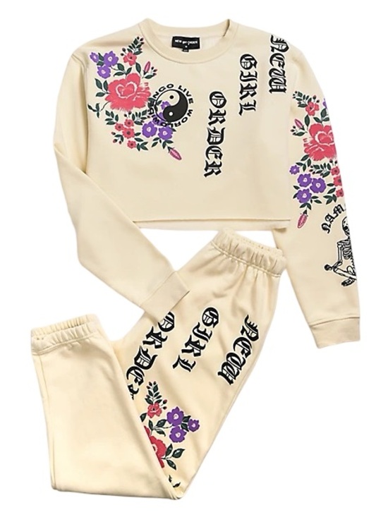 New Girl Order Pants - ☯️🌸 (SET OF 2!) Cream Floral Graphic‎ Track Pants & Cropped Sweatshirt Set 🌸☯️